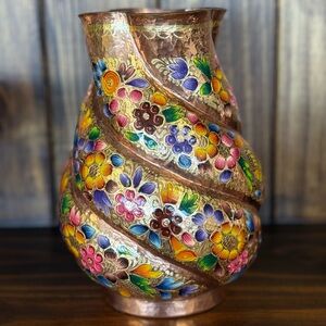 100% Copper Painted Vase - Multicolor florals with gold